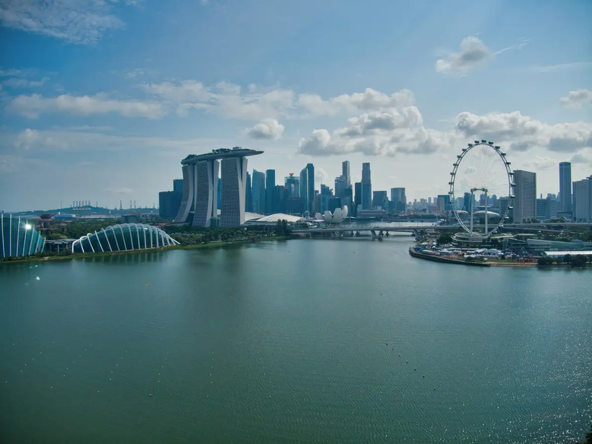 Marina Bay, Singapore, in daylight with the Singapore Flyer