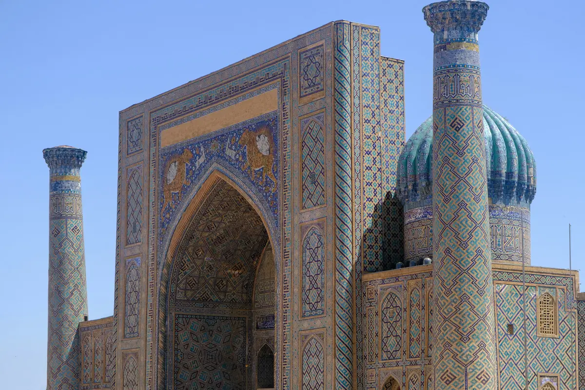 A monumental historic building in Samarkand under a blue sky, Uzbekistan