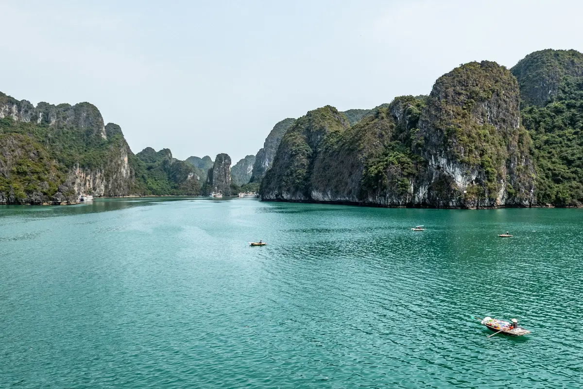 Limestone islands rising from the water in Ha Long Bay, Vietnam
