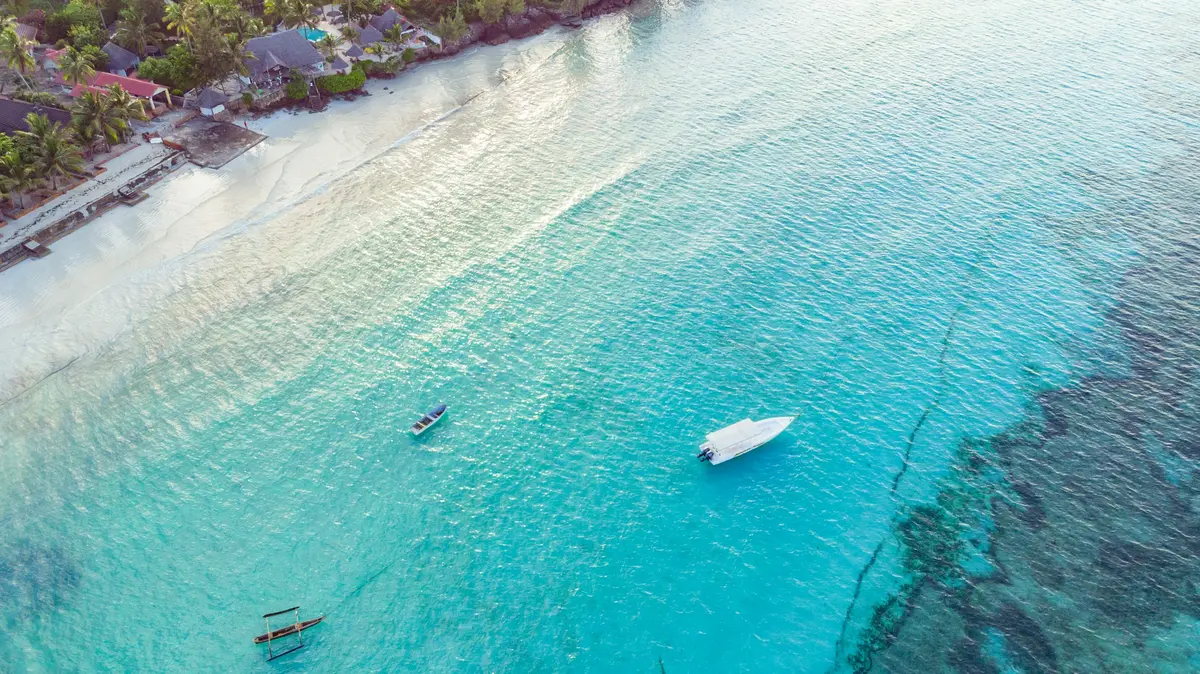 Aerial view of a Zanzibar beach with a boat in the water