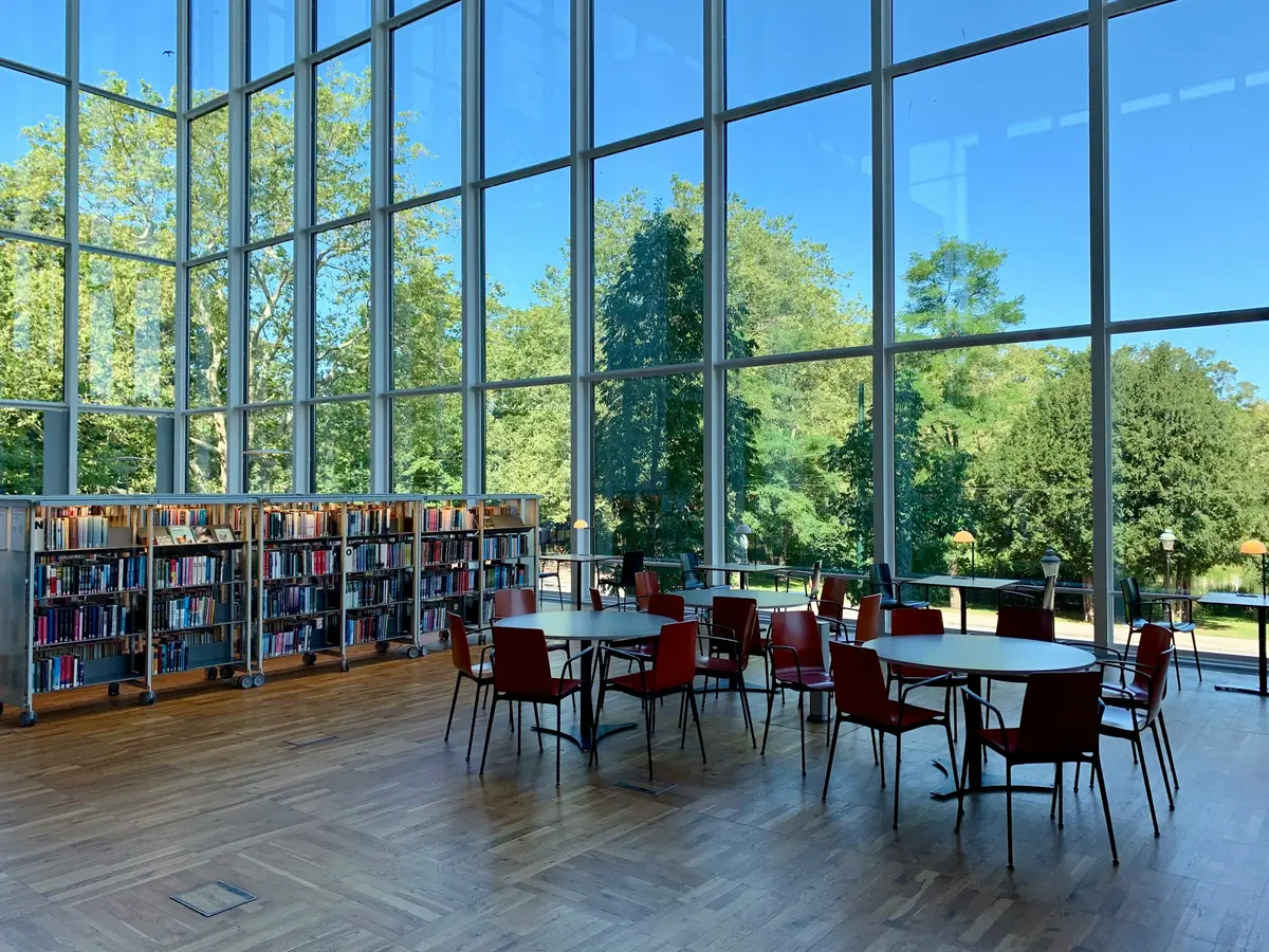 A bright library interior with tall windows and bookshelves